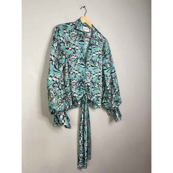 NEW Alexis Wrap Tie Satin Long Blouson Sleeves Tallara Top Blue Aqua Tulip - Picture 3 of 7